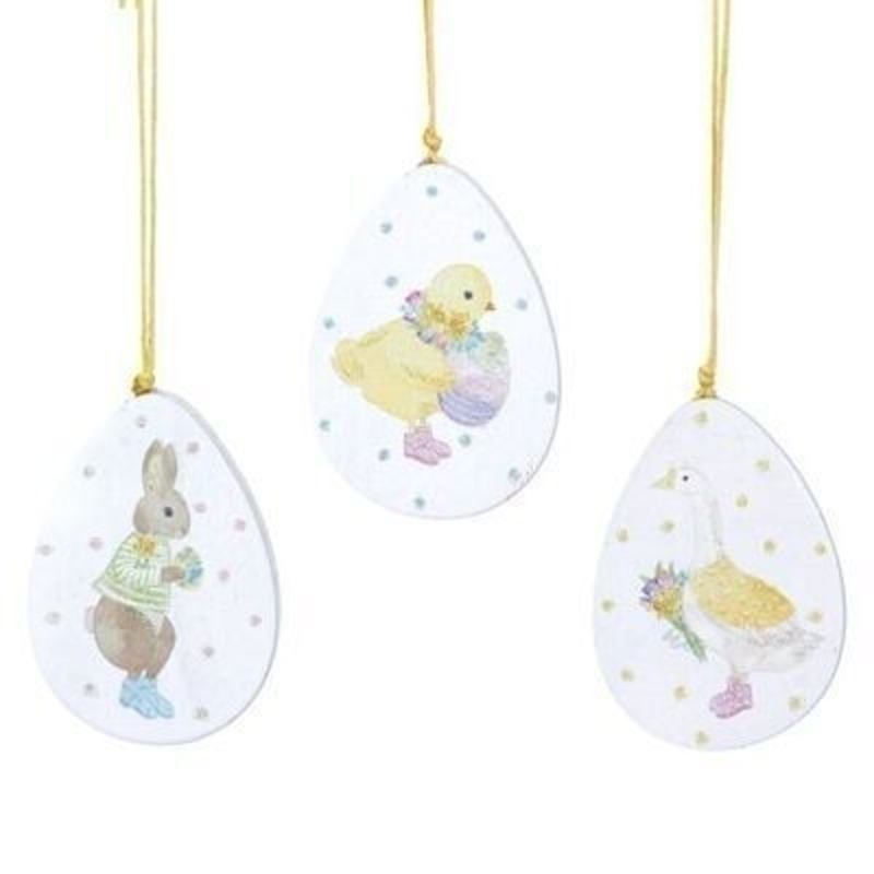 White wooden egg shaped hanging decoration with bunny chick and goose detail. The perfect addition to your home For Easter and Spring. 3 designs. By Gisela Graham.